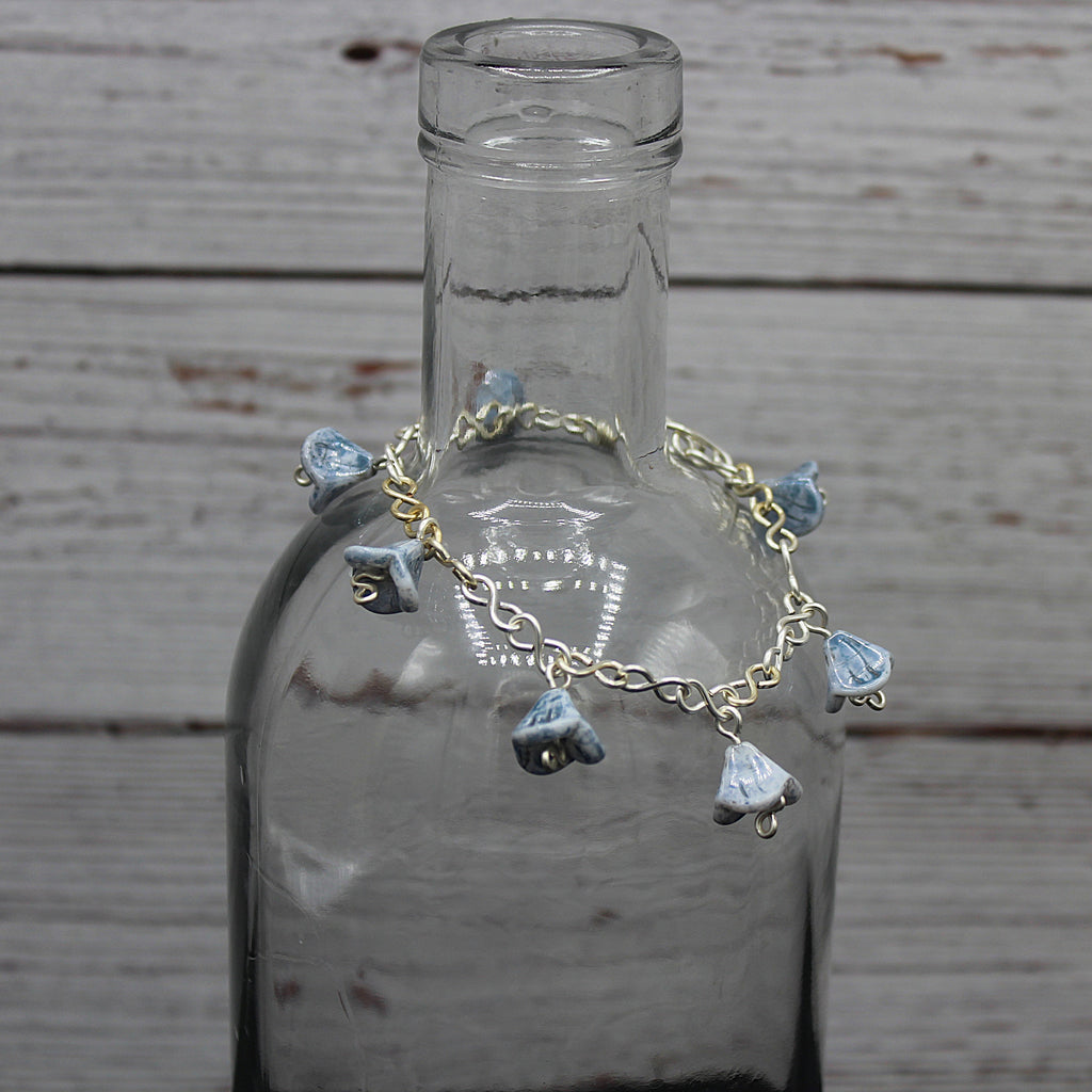 Handcrafted Blue Czech Glass Bell Flower Bracelet in Silver Plated Wire, 7.00"