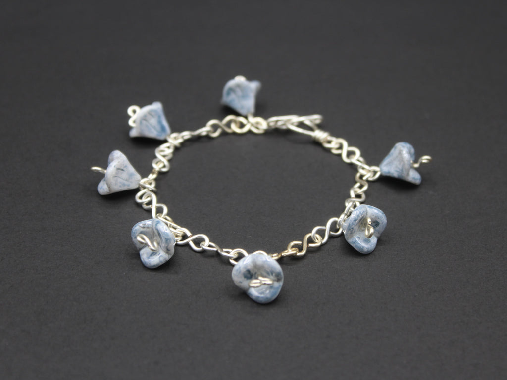 Handcrafted Blue Czech Glass Bell Flower Bracelet in Silver Plated Wire, 7.00"