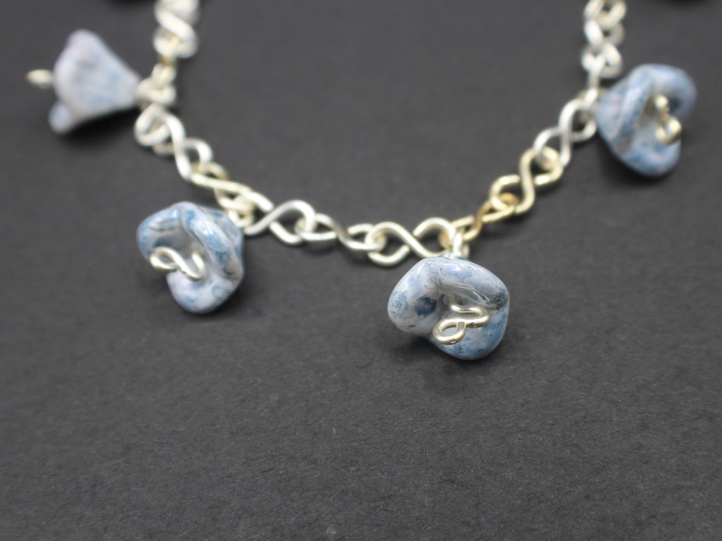 Handcrafted Blue Czech Glass Bell Flower Bracelet in Silver Plated Wire, 7.00"