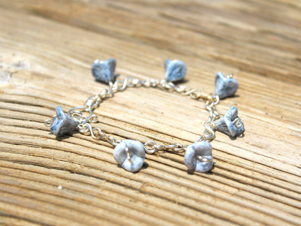 Handcrafted Blue Czech Glass Bell Flower Bracelet in Silver Plated Wire, 7.00"