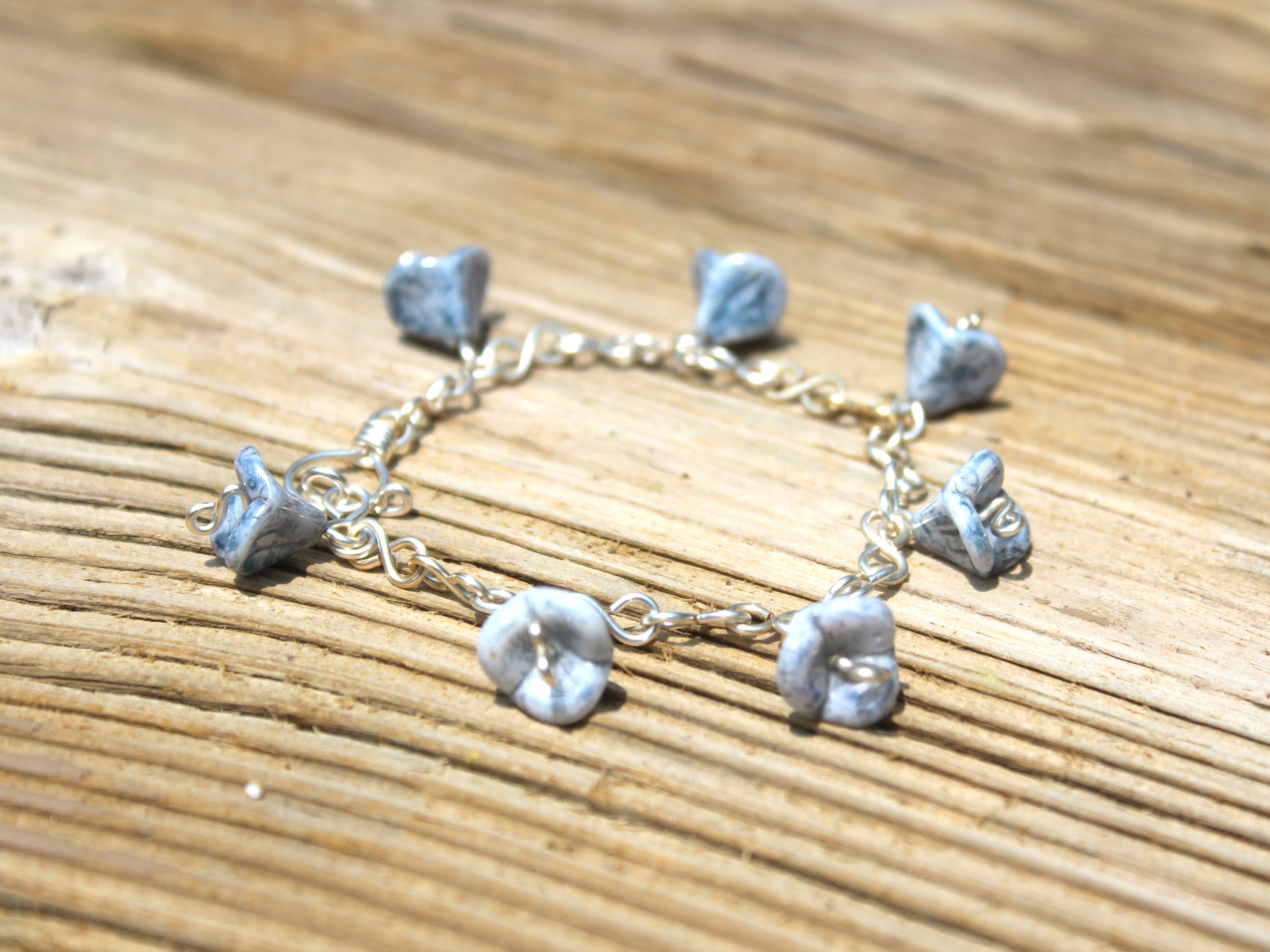 Handcrafted Blue Czech Glass Bell Flower Bracelet in Silver Plated Wire, 7.00"