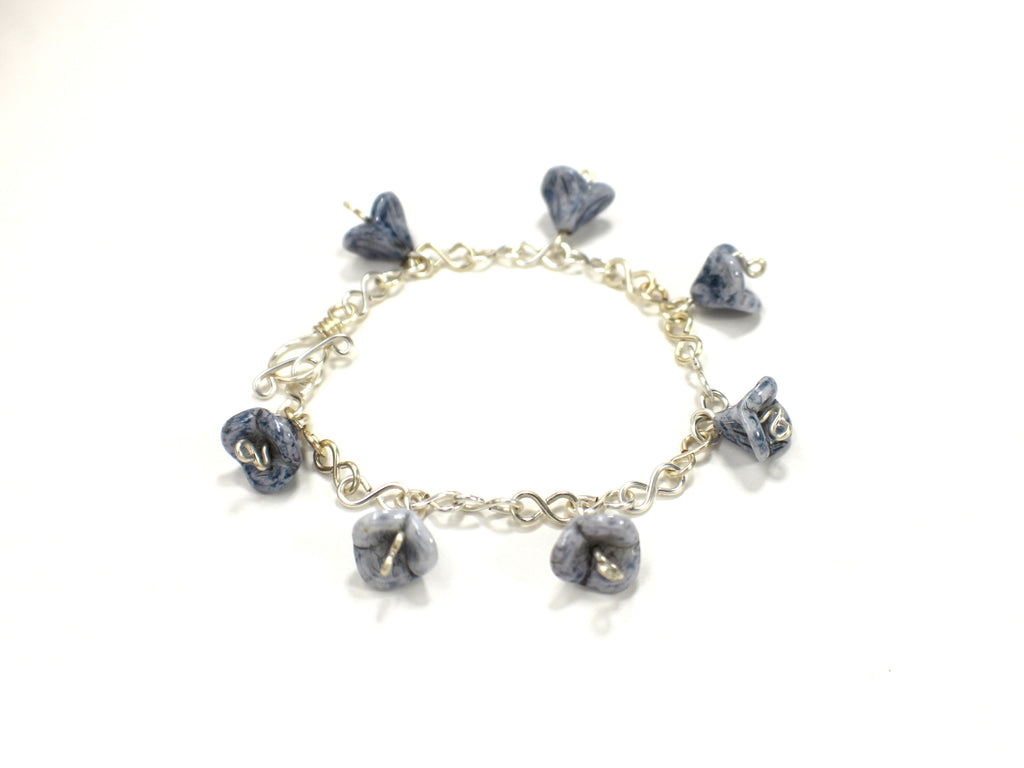 Handcrafted Blue Czech Glass Bell Flower Bracelet in Silver Plated Wire, 7.00"