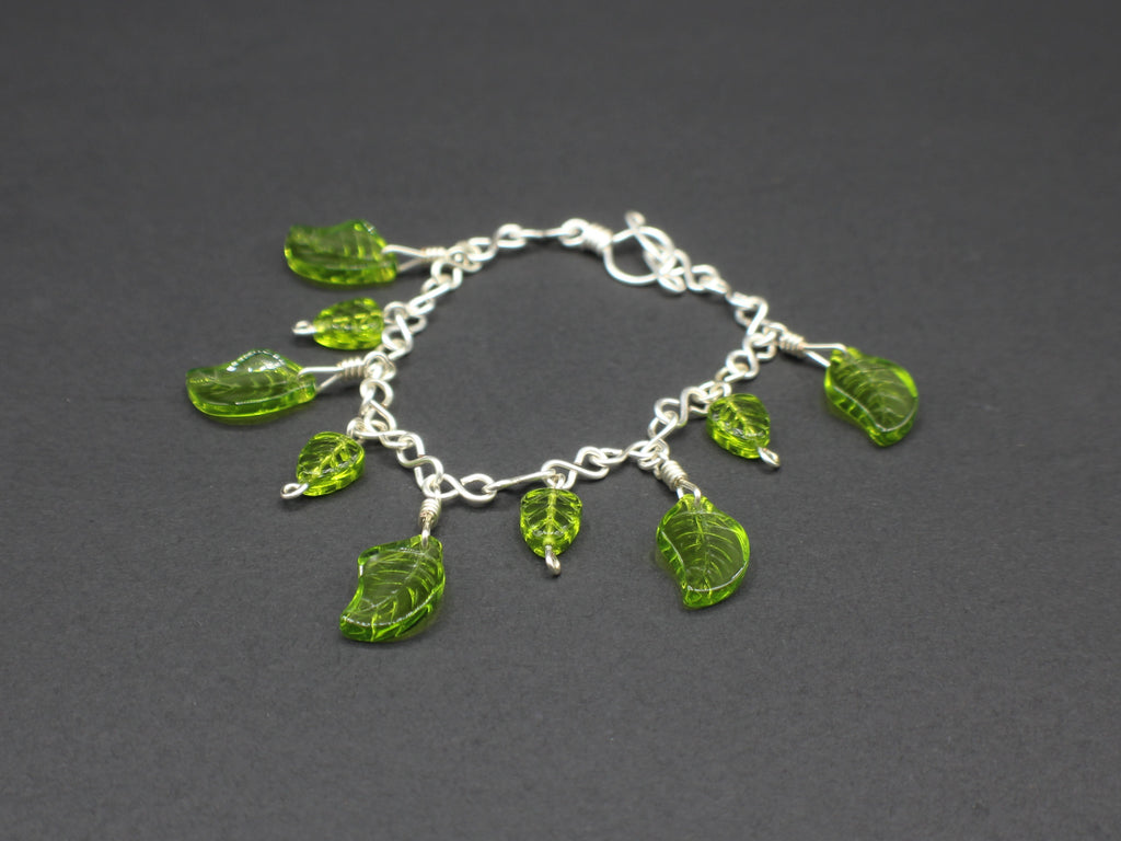 Handcrafted Green Czech Glass Leaf Bracelet in Silver Plated Wire 7.00"