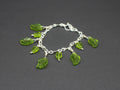 Handcrafted Green Czech Glass Leaf Bracelet in Silver Plated Wire 7.00"