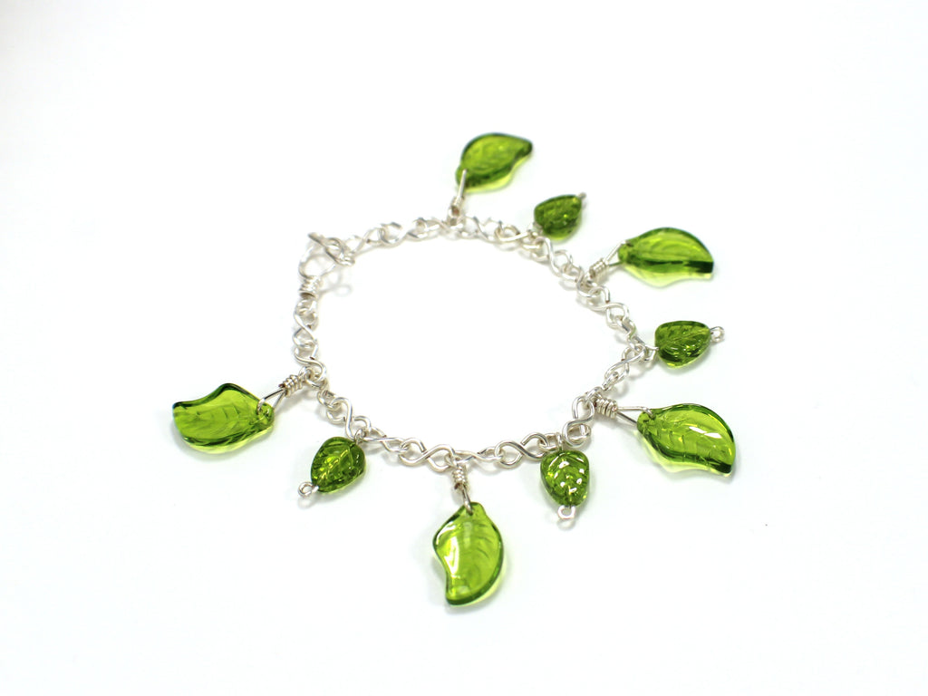 Handcrafted Green Czech Glass Leaf Bracelet in Silver Plated Wire 7.00"
