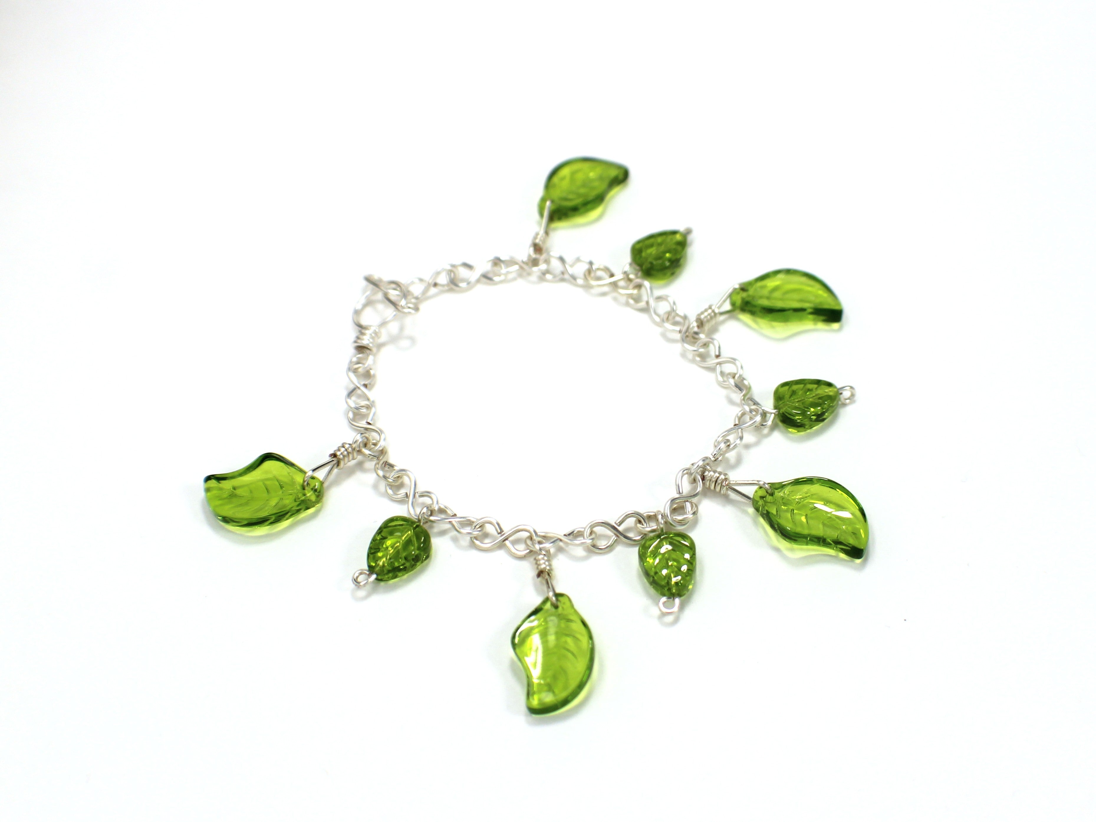 Handcrafted Green Czech Glass Leaf Bracelet in Silver Plated Wire 7.00"