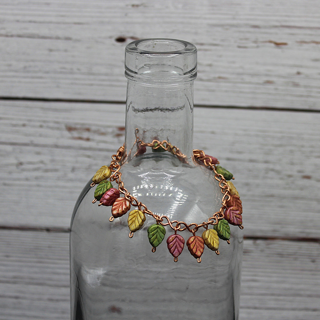 Handcrafted Copper Leaf Bracelet with Glass Beads, 6.75"