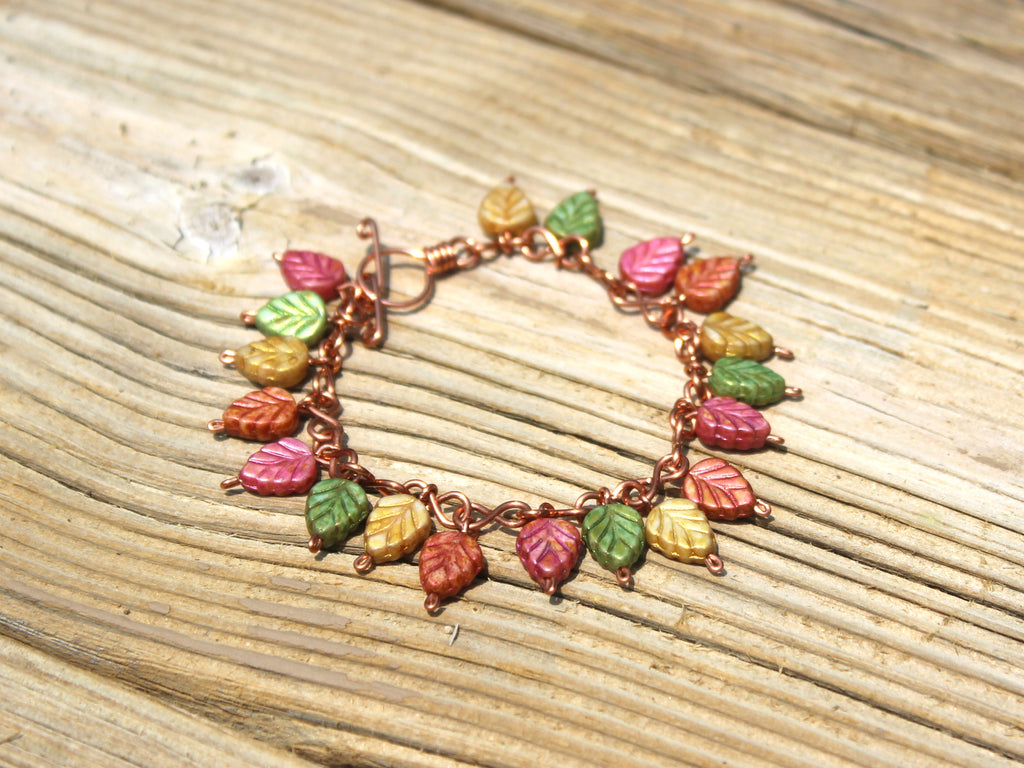 Handcrafted Copper Leaf Bracelet with Glass Beads, 6.75"
