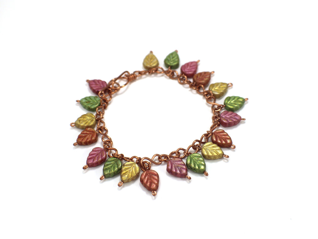 Handcrafted Copper Leaf Bracelet with Glass Beads, 6.75"