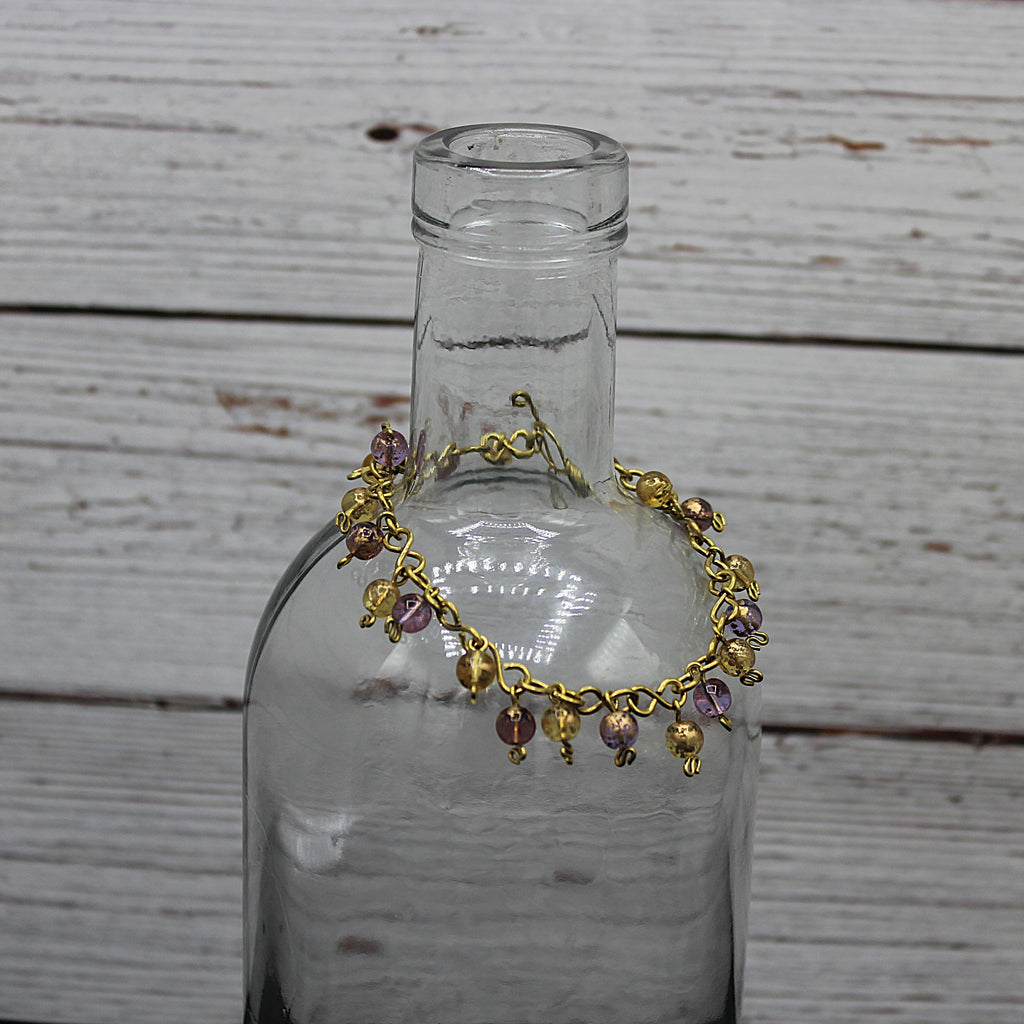 Handcrafted Brass Wire Bracelet with Glass Beads, 7.00"