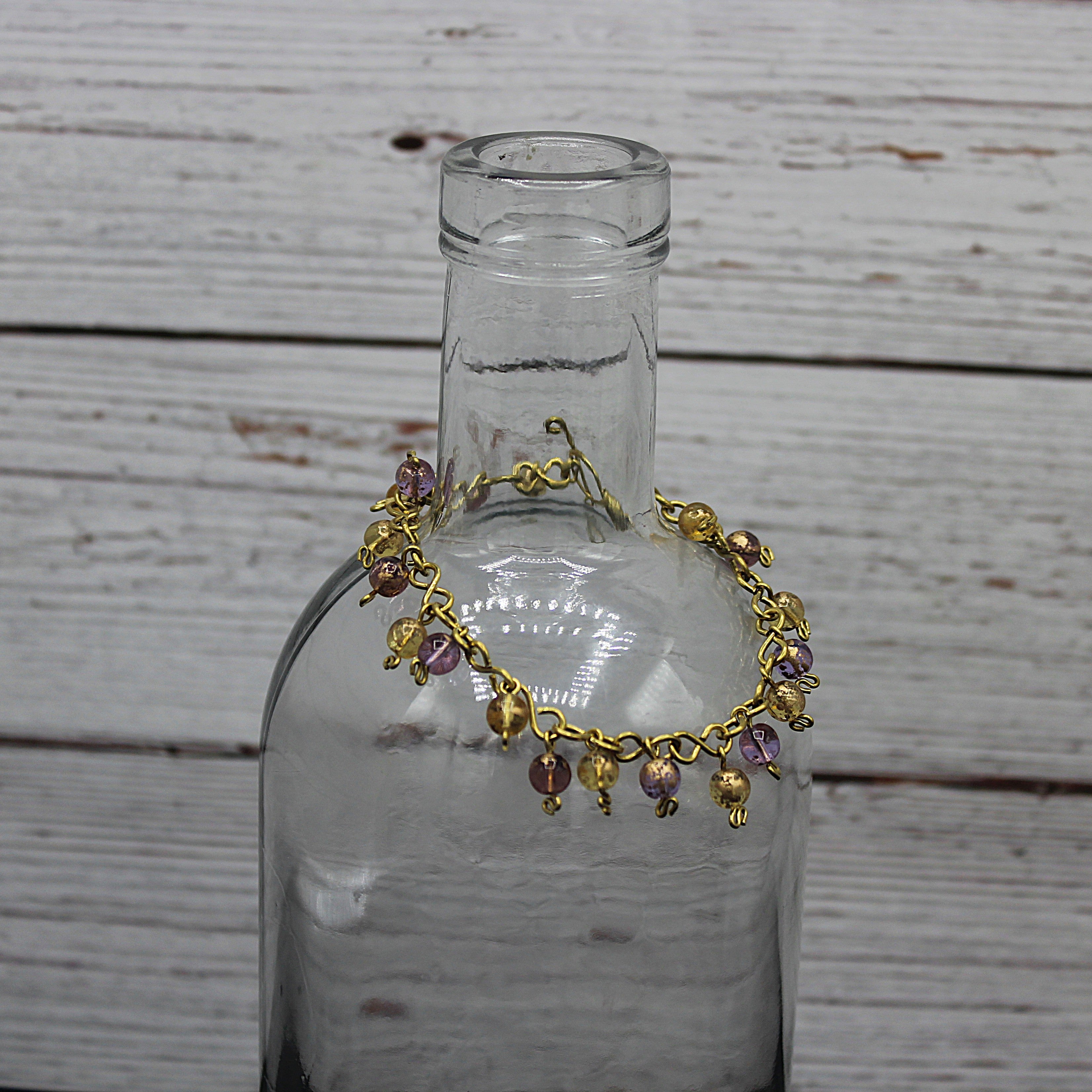 Handcrafted Brass Wire Bracelet with Glass Beads, 7.00"