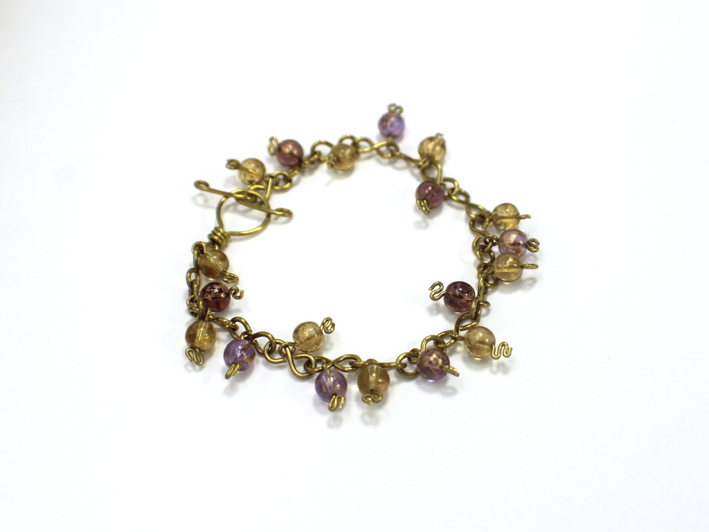 Handcrafted Brass Wire Bracelet with Glass Beads, 7.00"