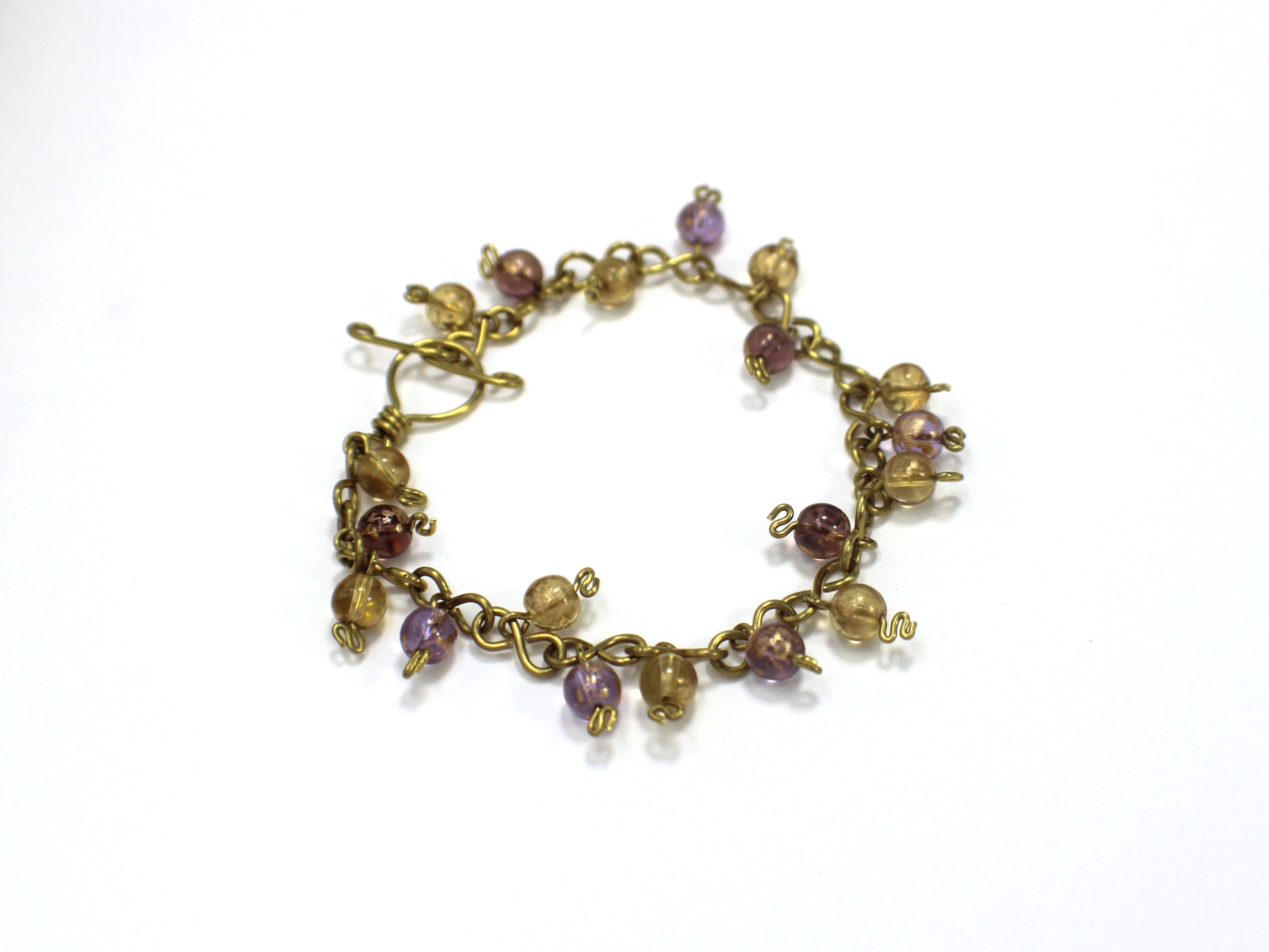 Handcrafted Brass Wire Bracelet with Glass Beads, 7.00"