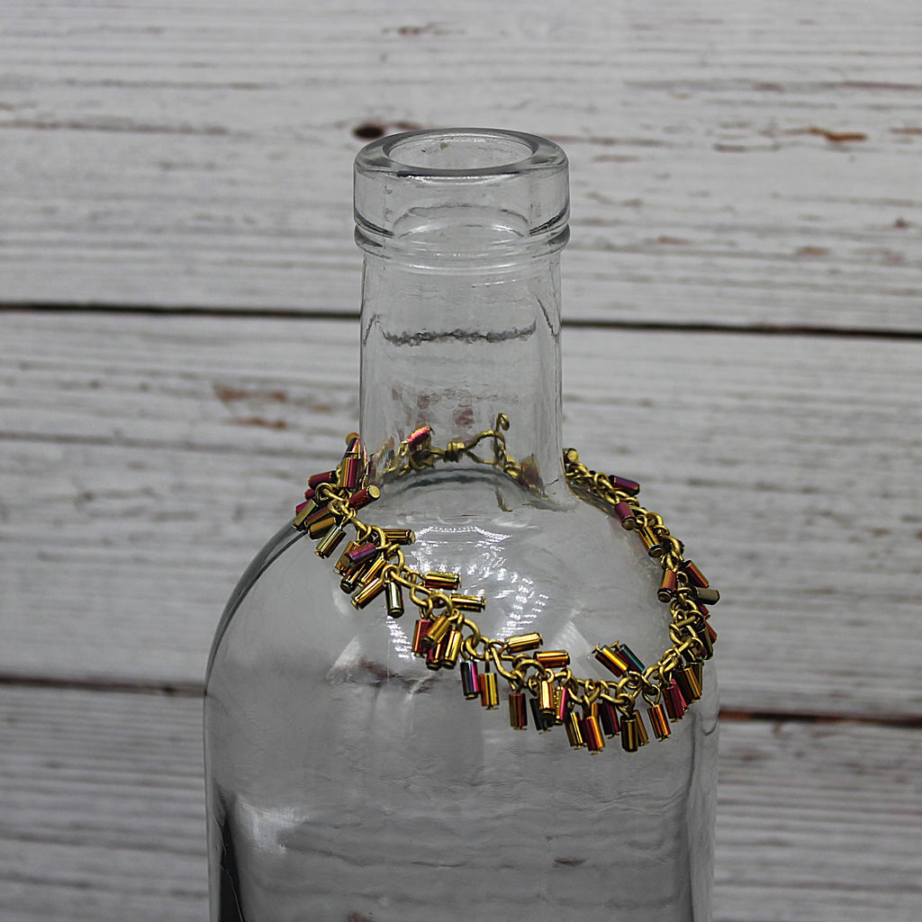 Handcrafted Brass Bracelet with Metallic Glass Tube Beads, 6.75"