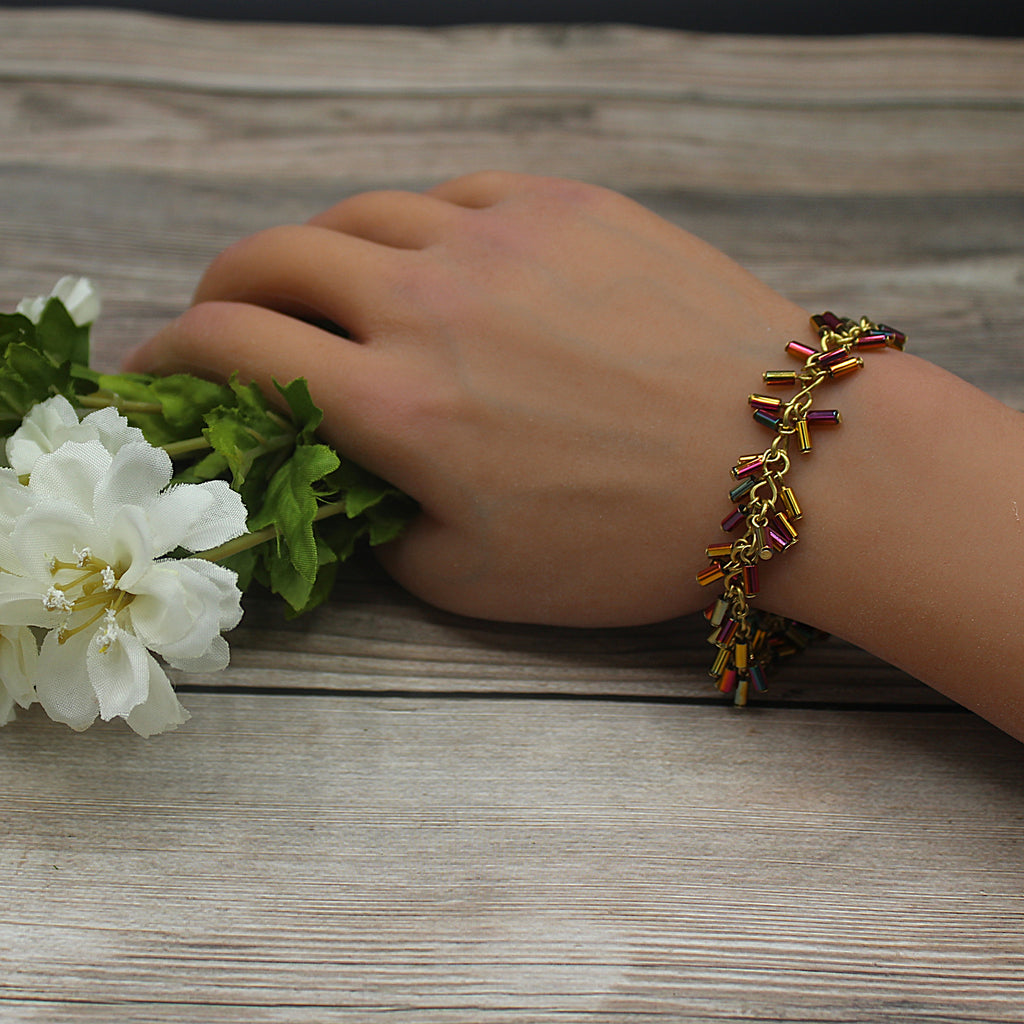 Handcrafted Brass Bracelet with Metallic Glass Tube Beads, 6.75"
