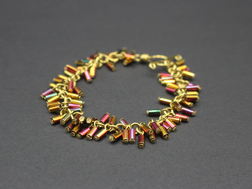 Handcrafted Brass Bracelet with Metallic Glass Tube Beads, 6.75"