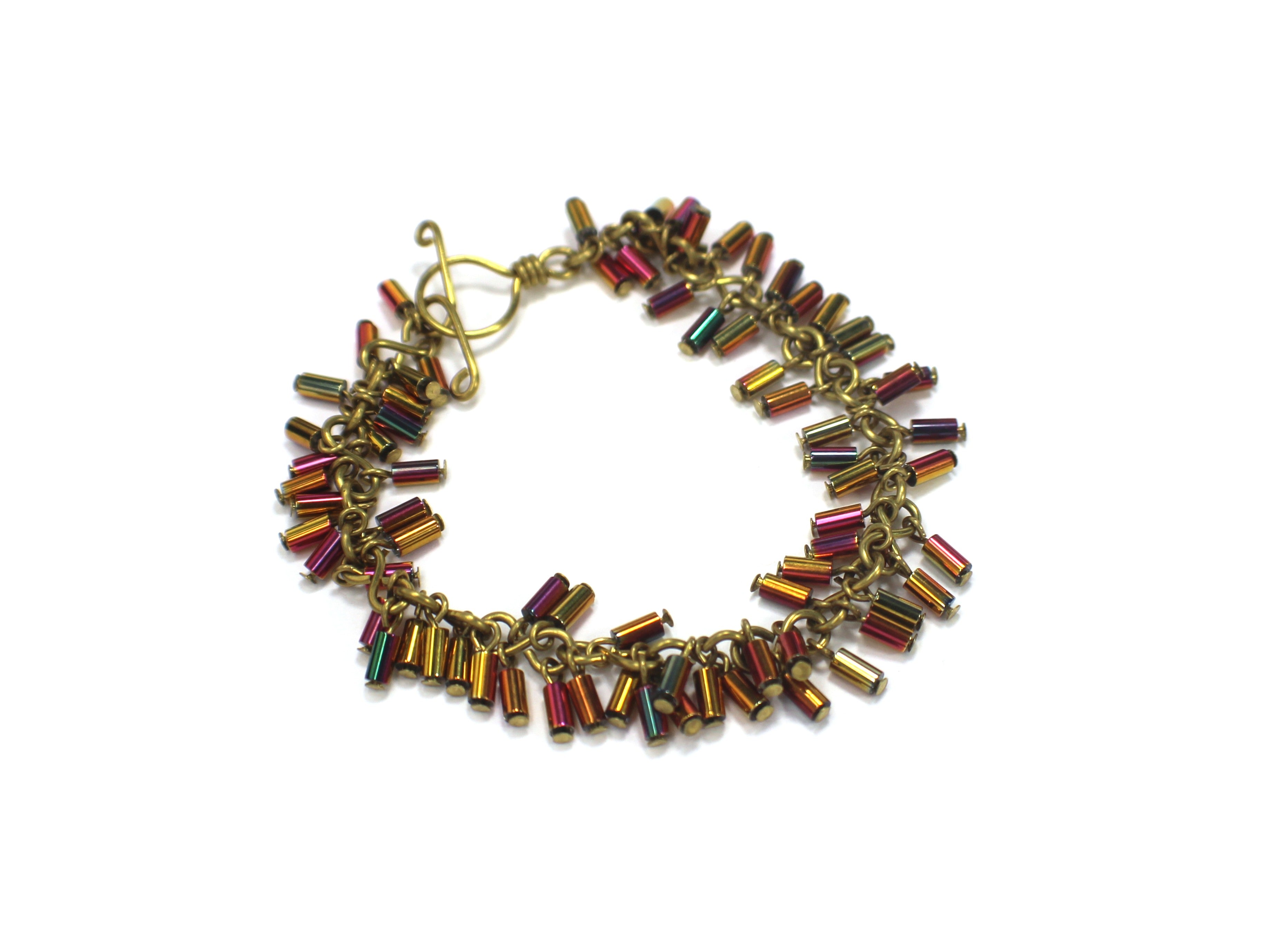 Handcrafted Brass Bracelet with Metallic Glass Tube Beads, 6.75"