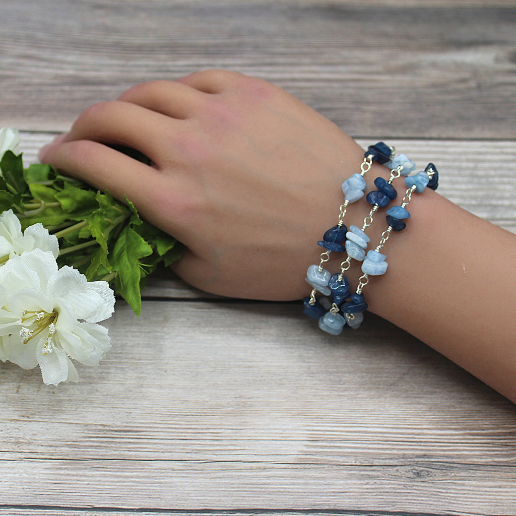 Handcrafted Triple Strand Blue Stone Chip Bracelet in Silver Plated Copper, 6.25"