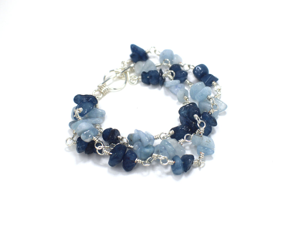 Handcrafted Triple Strand Blue Stone Chip Bracelet in Silver Plated Copper, 6.25"