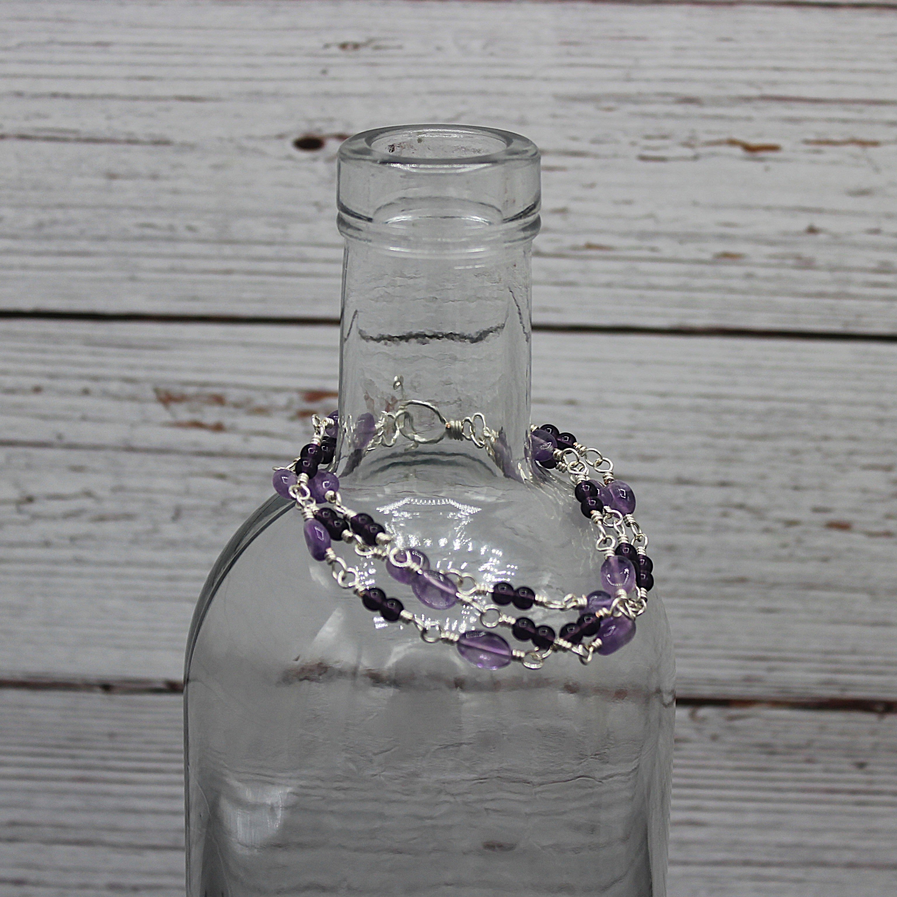 Handcrafted Triple Strand Amethyst and Glass Bracelet in Silver Plated Copper, 6.75"