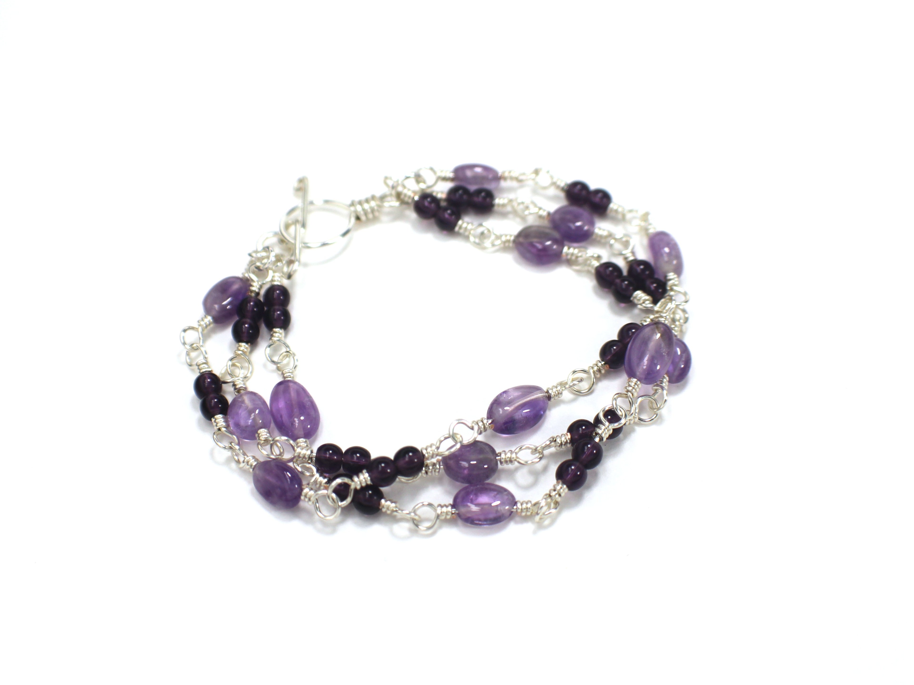 Handcrafted Triple Strand Amethyst and Glass Bracelet in Silver Plated Copper, 6.75"
