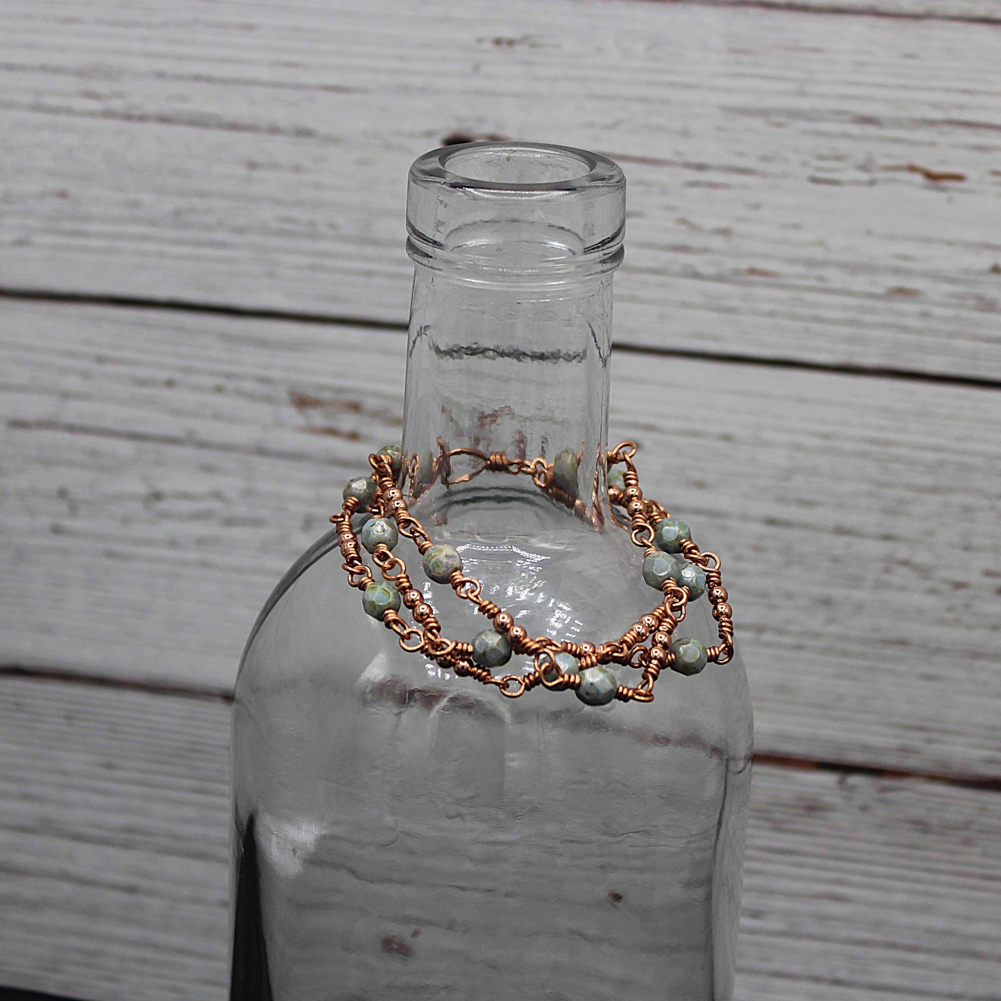 Handcrafted Triple Strand Czech Glass and Copper Bracelet with Toggle Clasp, 6.5"