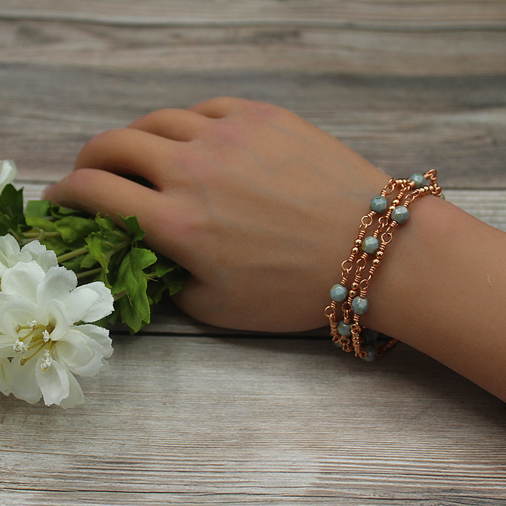 Handcrafted Triple Strand Czech Glass and Copper Bracelet with Toggle Clasp, 6.5"
