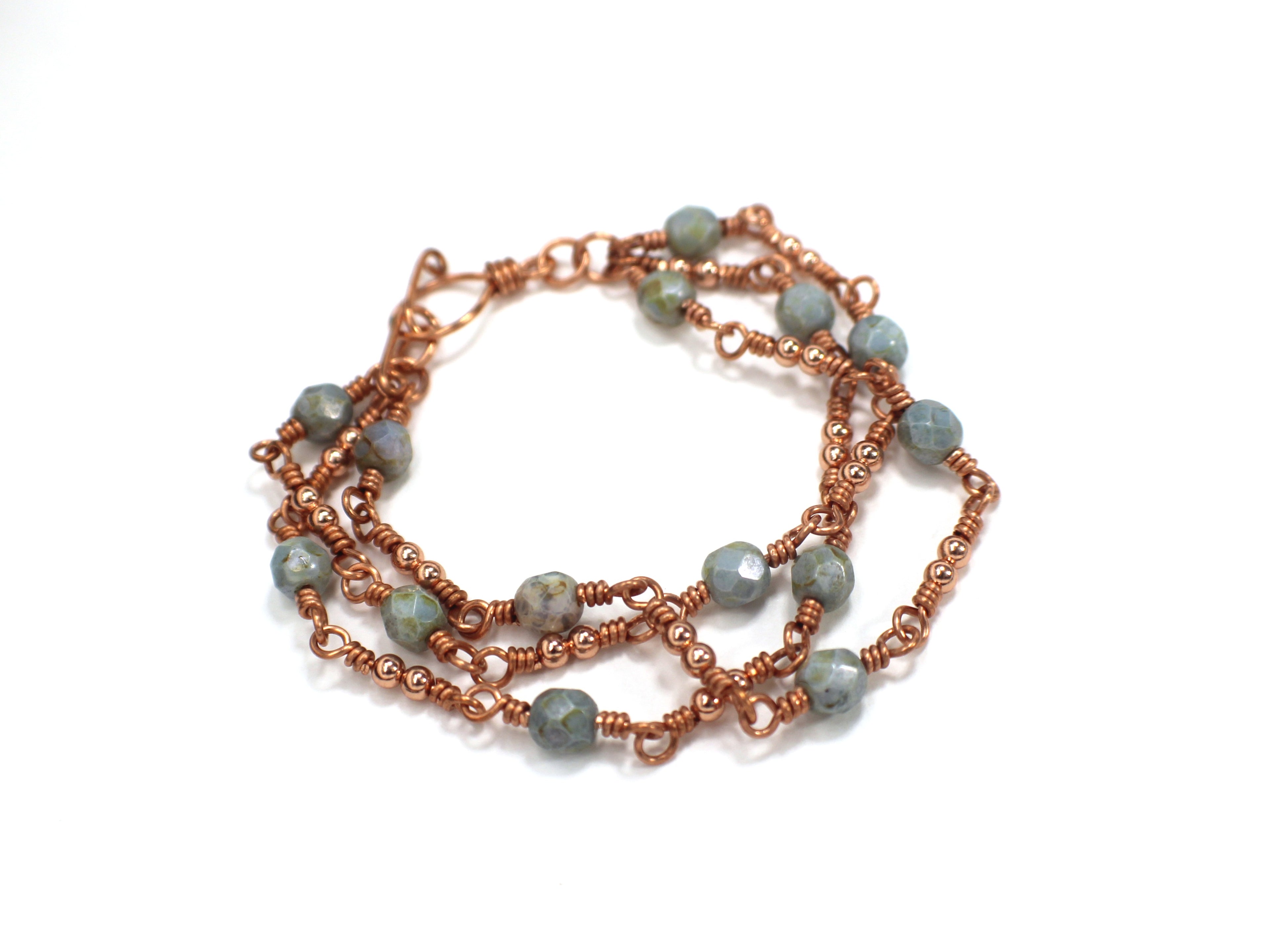 Handcrafted Triple Strand Czech Glass and Copper Bracelet with Toggle Clasp, 6.5"