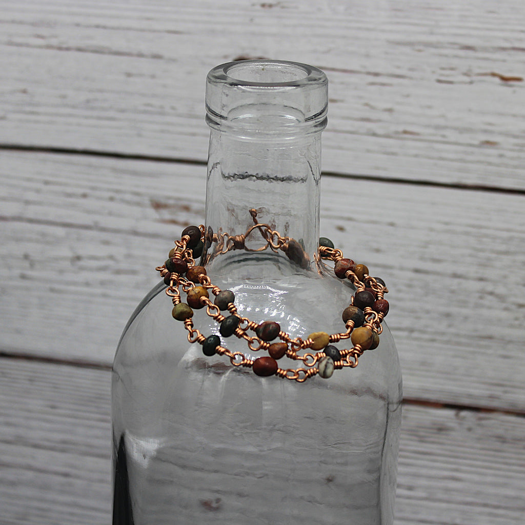 Handcrafted Triple Strand Jasper Nugget Bracelet with Copper Wire Links and Toggle Clasp, 6.5"