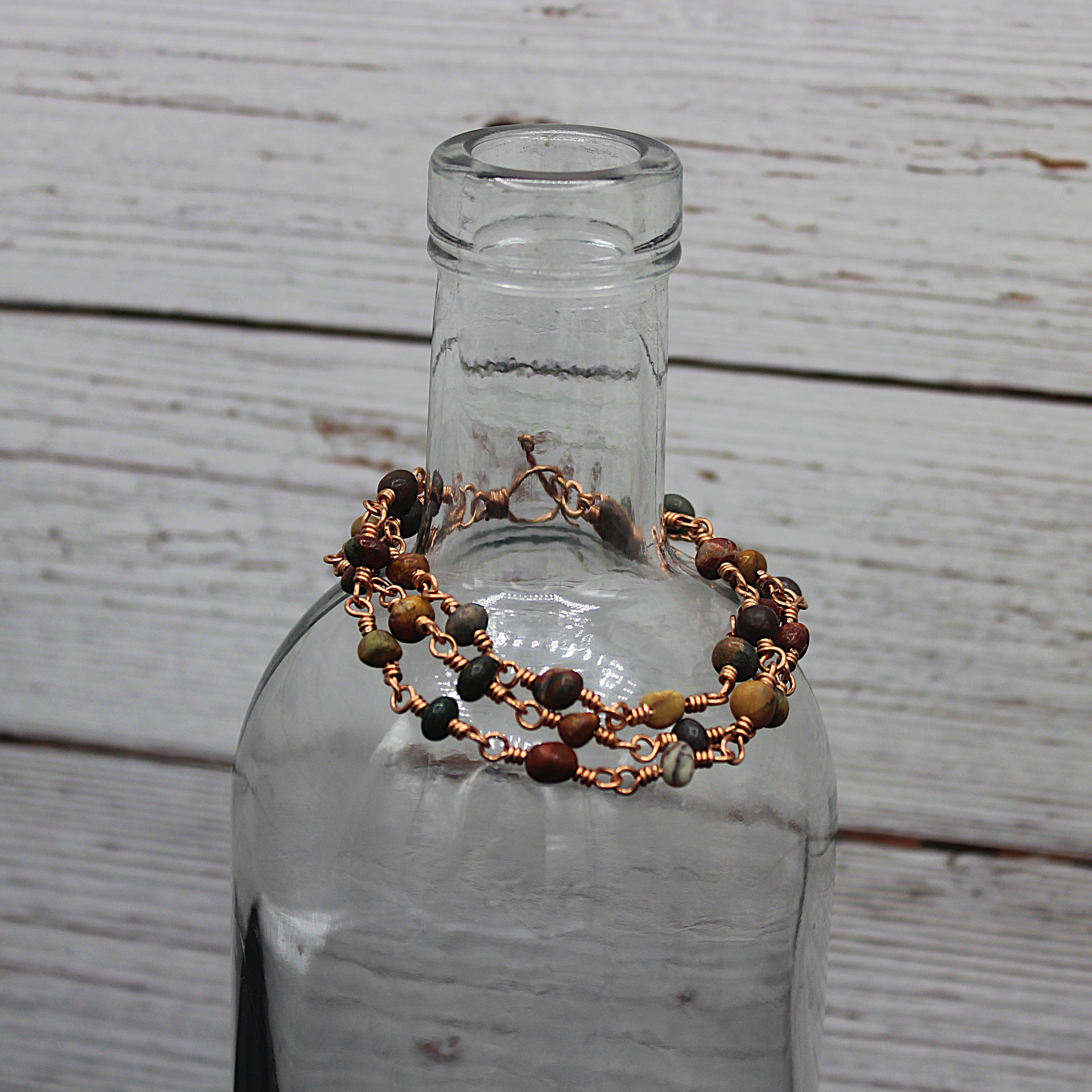 Handcrafted Triple Strand Jasper Nugget Bracelet with Copper Wire Links and Toggle Clasp, 6.5"