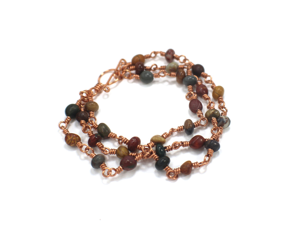 Handcrafted Triple Strand Jasper Nugget Bracelet with Copper Wire Links and Toggle Clasp, 6.5"