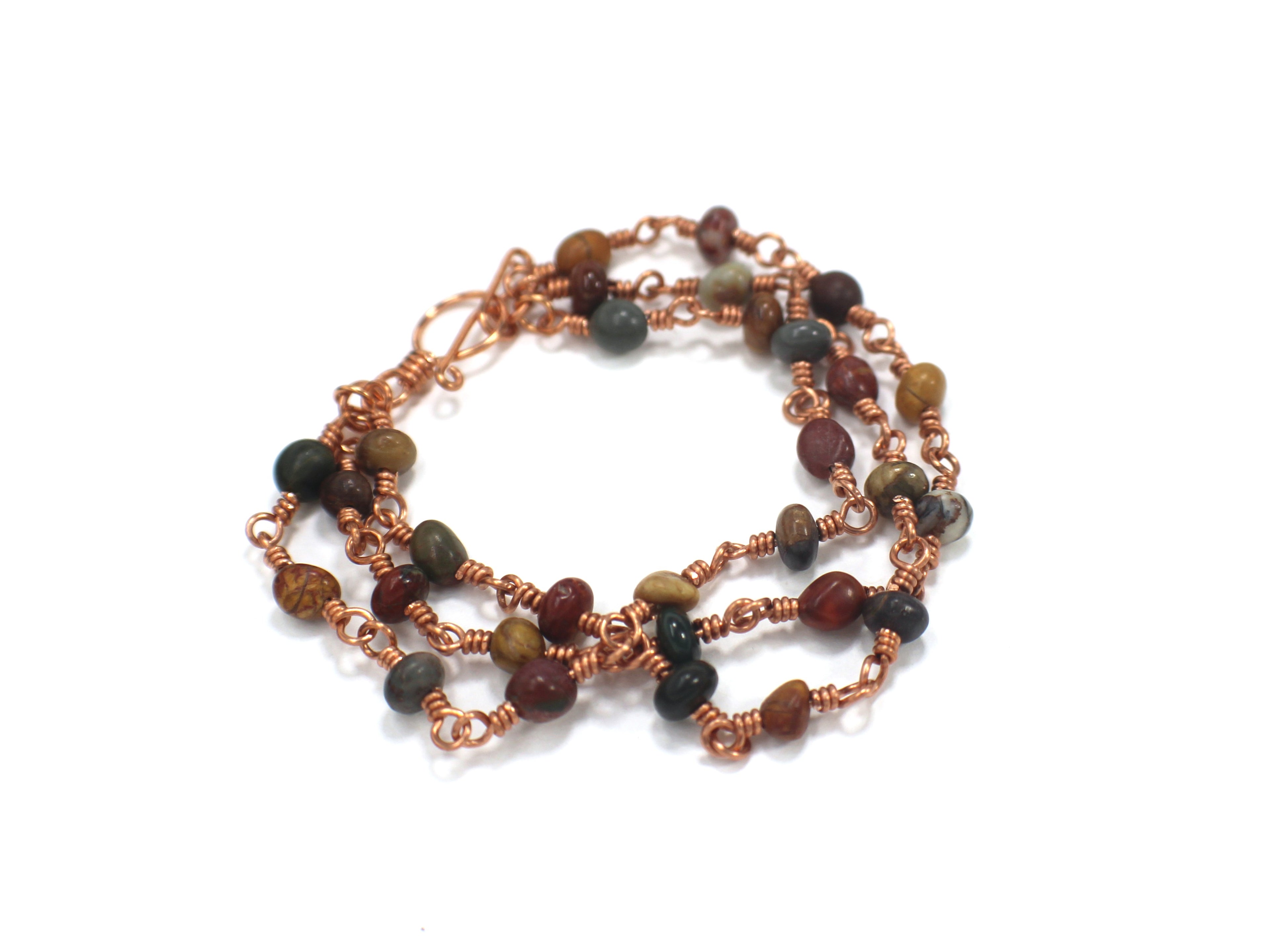 Handcrafted Triple Strand Jasper Nugget Bracelet with Copper Wire Links and Toggle Clasp, 6.5"