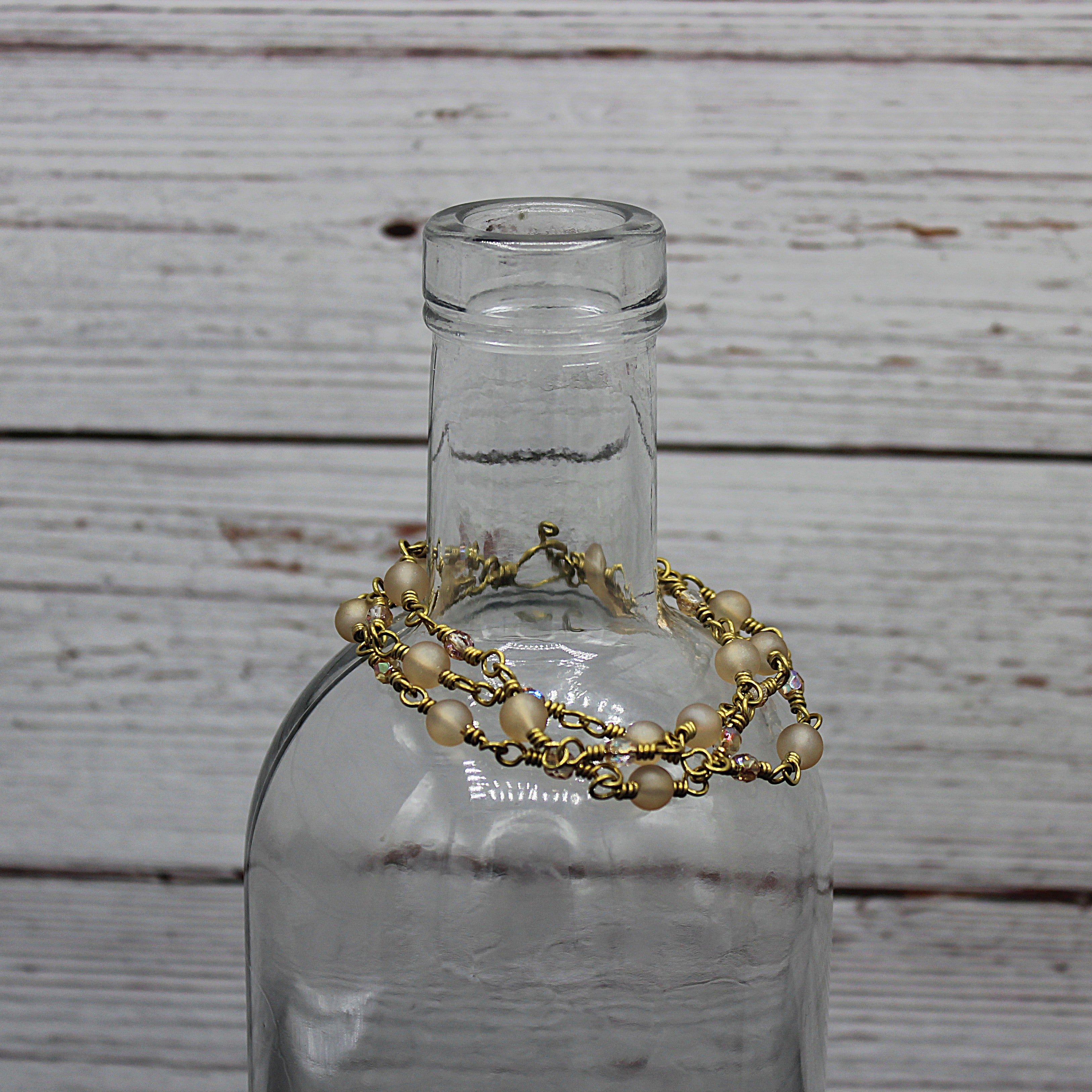 Handcrafted Triple Strand Frosted Glass and Faceted Bead Bracelet in Brass, 6.5"