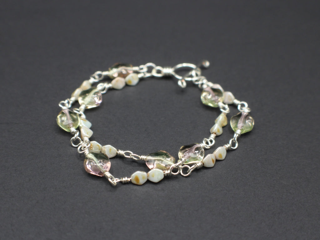 Handcrafted Two Strand Sea Green and Pink Glass Bracelet in Silver Plated Copper, 6.5"