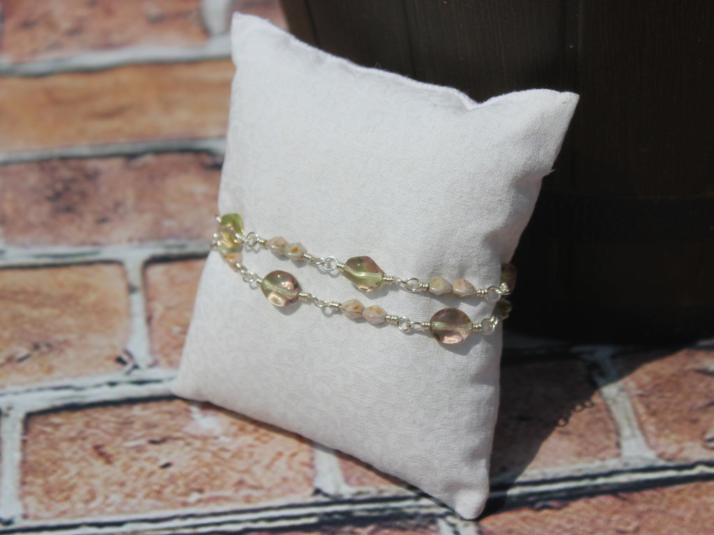Handcrafted Two Strand Sea Green and Pink Glass Bracelet in Silver Plated Copper, 6.5"