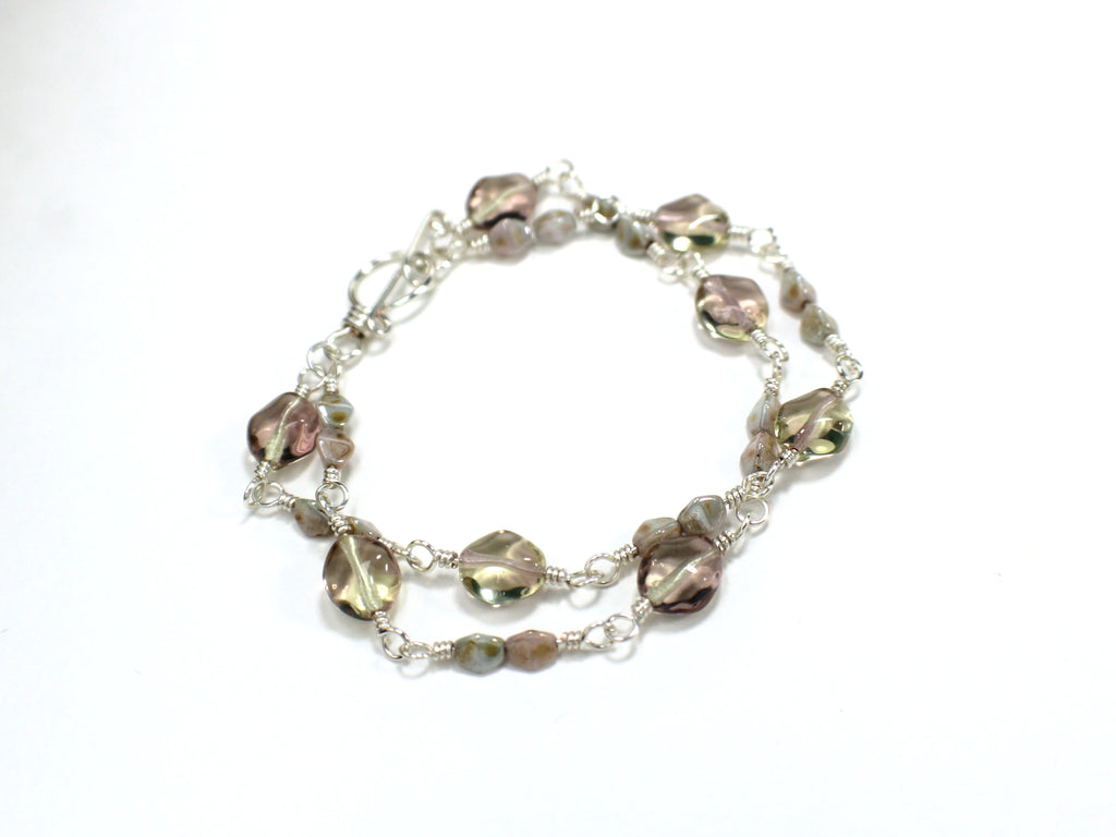 Handcrafted Two Strand Sea Green and Pink Glass Bracelet in Silver Plated Copper, 6.5"