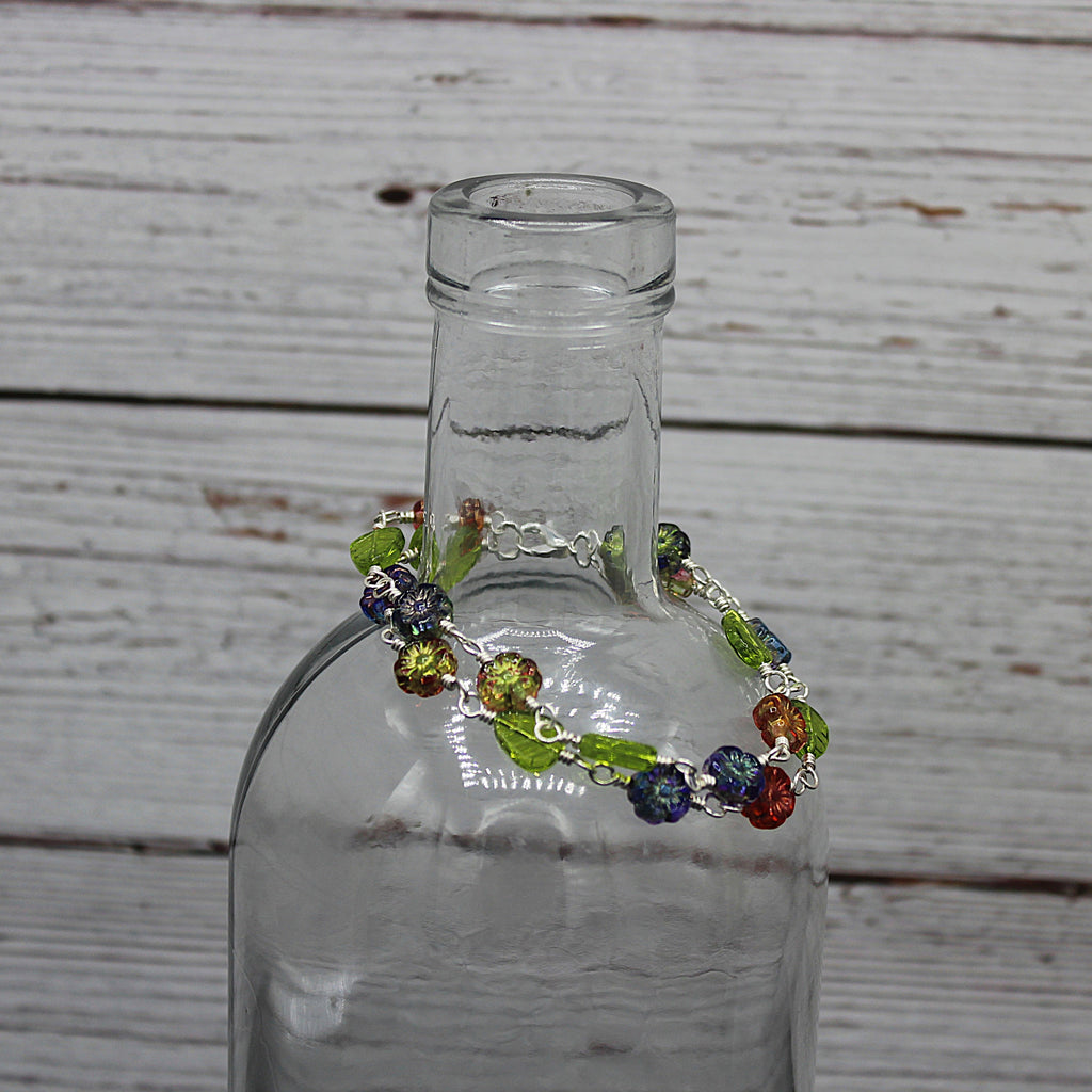 Handcrafted Two Strand Floral and Leaf Glass Bracelet in Silver Plated Copper, 6.75"