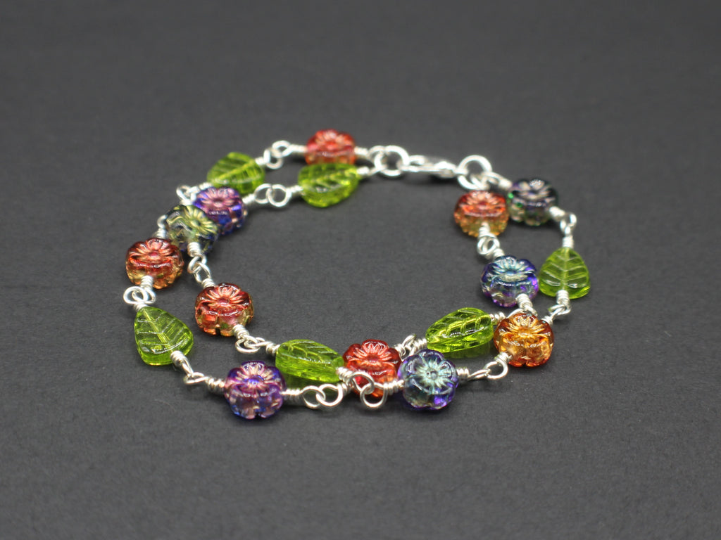 Handcrafted Two Strand Floral and Leaf Glass Bracelet in Silver Plated Copper, 6.75"
