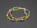 Handcrafted Two Strand Floral and Leaf Glass Bracelet in Silver Plated Copper, 6.75"