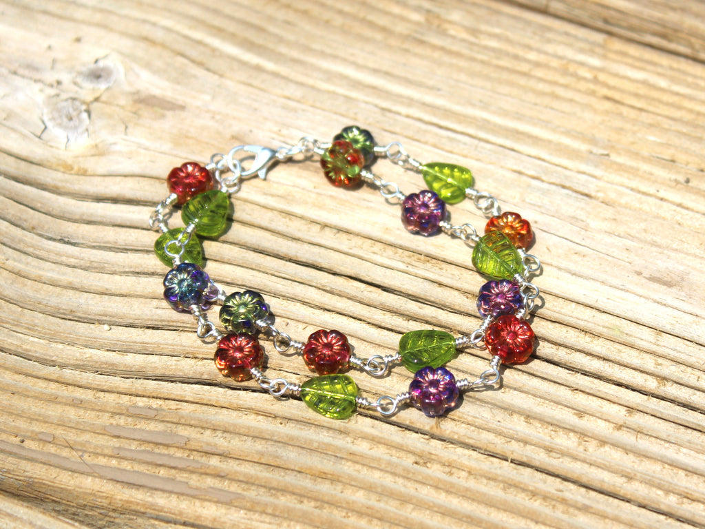 Handcrafted Two Strand Floral and Leaf Glass Bracelet in Silver Plated Copper, 6.75"