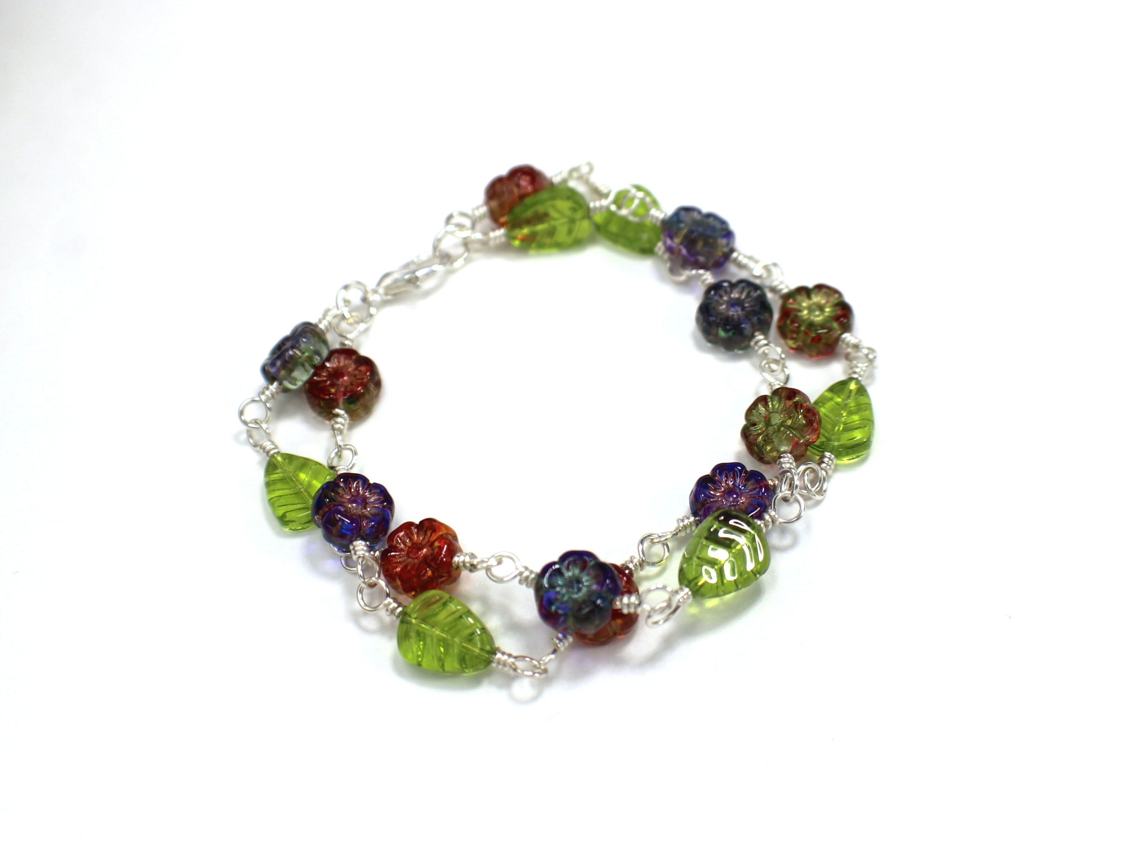 Handcrafted Two Strand Floral and Leaf Glass Bracelet in Silver Plated Copper, 6.75"