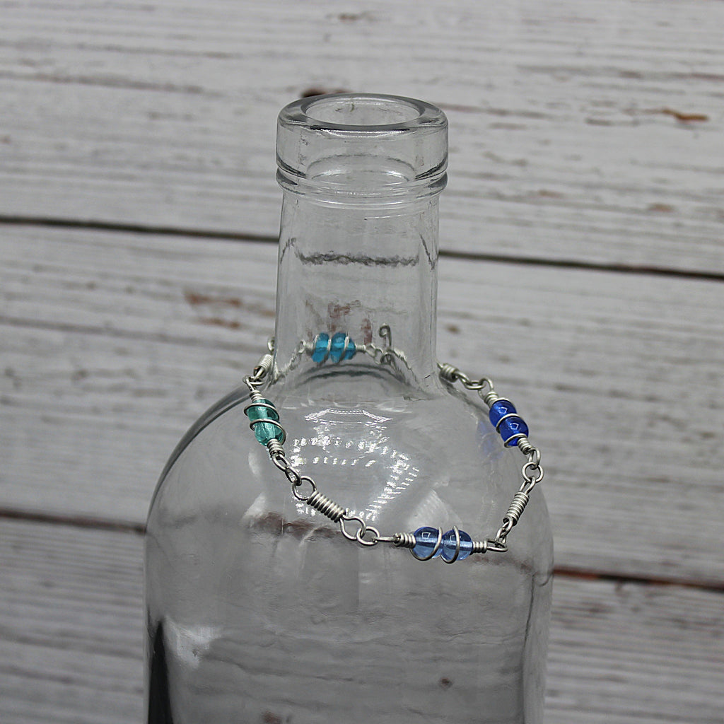 Handcrafted Single Strand Czech Glass Bracelet in Blue and Green with Spiral Wraps, 6.75"