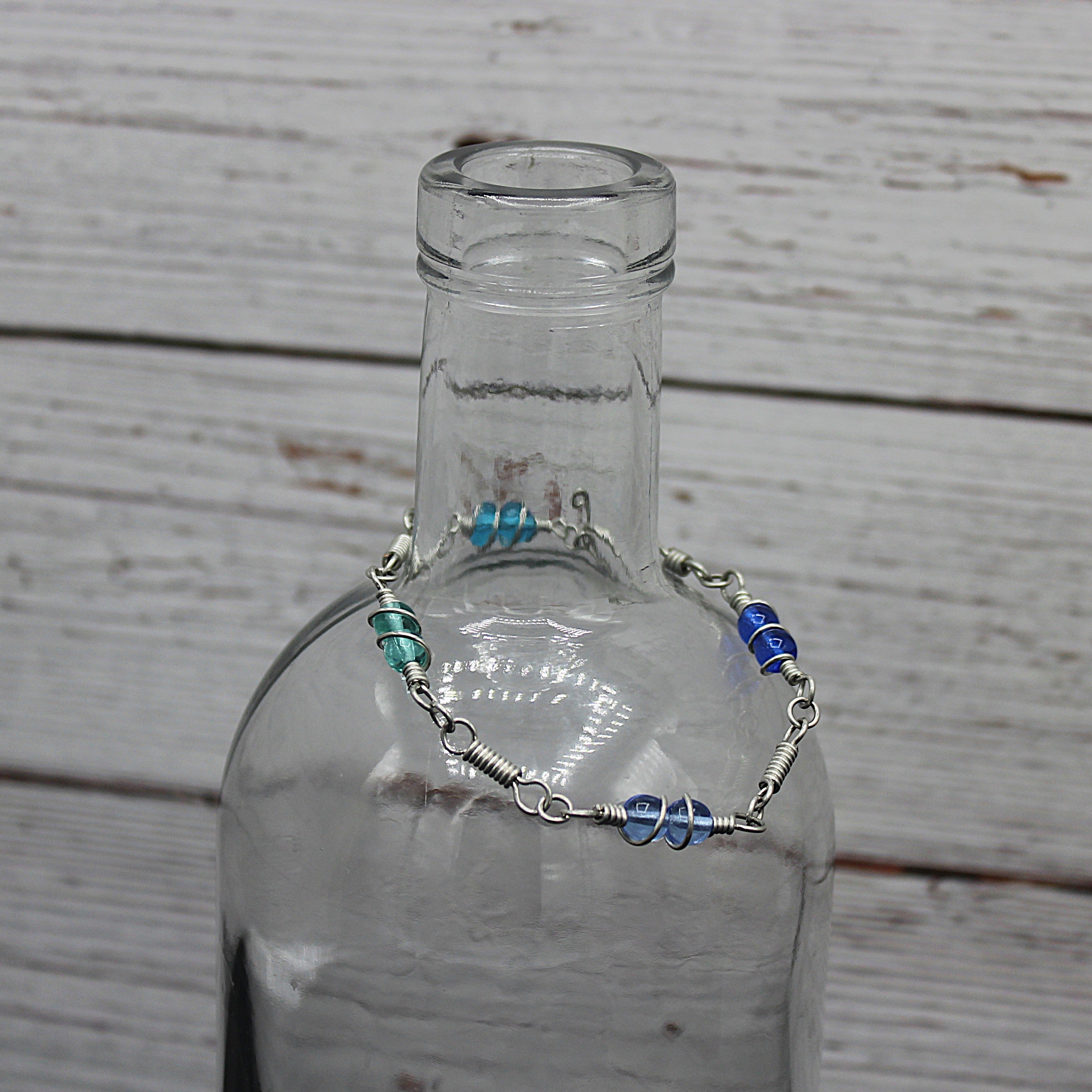 Handcrafted Single Strand Czech Glass Bracelet in Blue and Green with Spiral Wraps, 6.75"