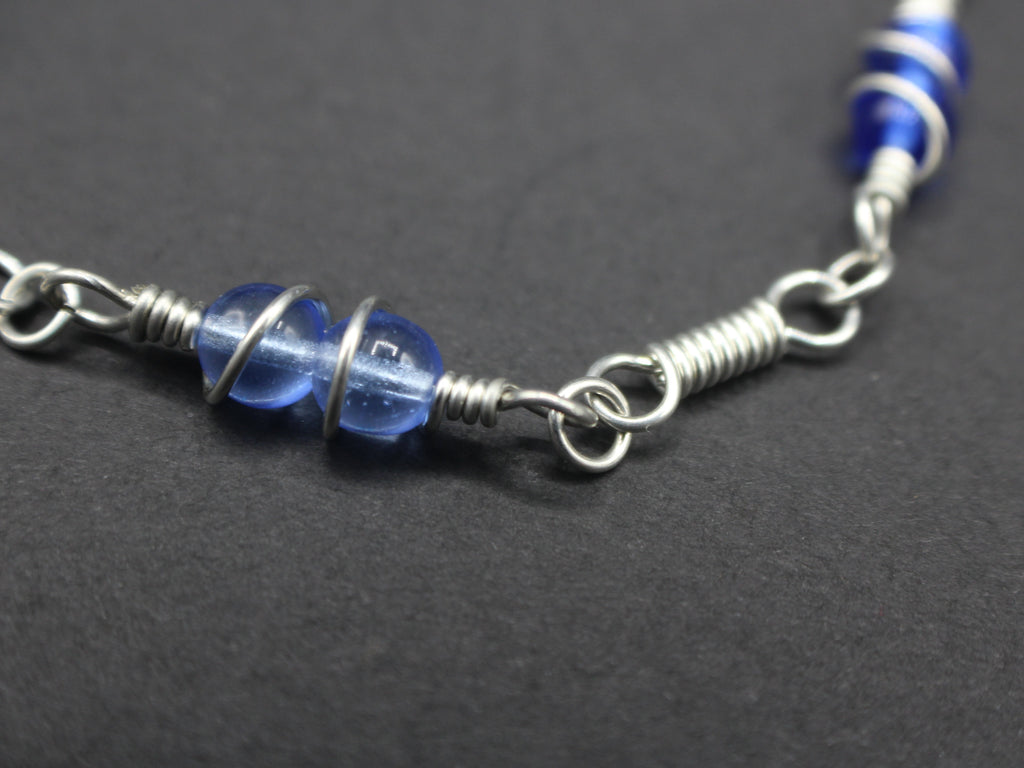 Handcrafted Single Strand Czech Glass Bracelet in Blue and Green with Spiral Wraps, 6.75"
