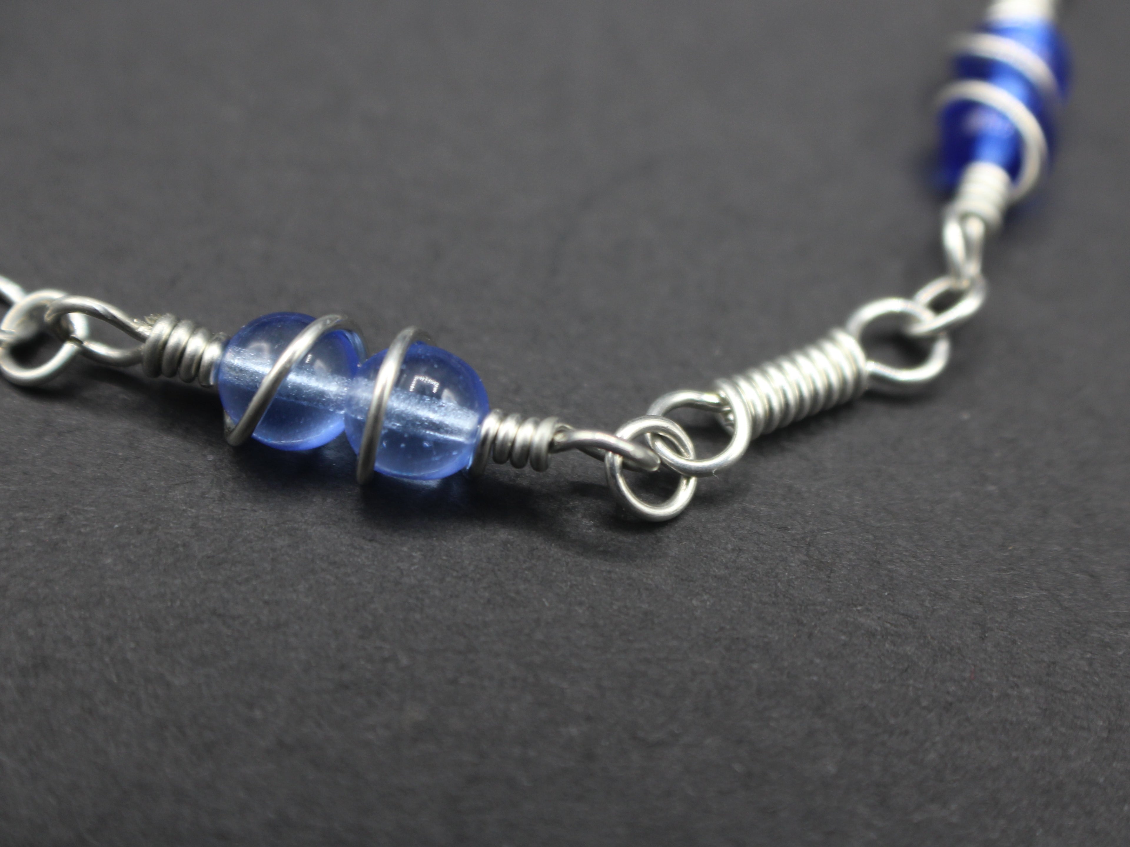 Handcrafted Single Strand Czech Glass Bracelet in Blue and Green with Spiral Wraps, 6.75"