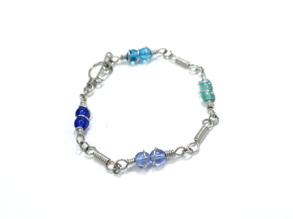 Handcrafted Single Strand Czech Glass Bracelet in Blue and Green with Spiral Wraps, 6.75"