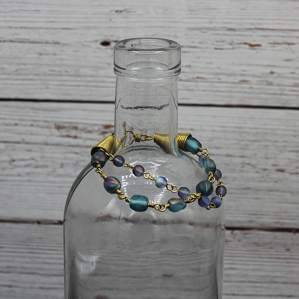 Handcrafted Brass Wire Glass Bead Bracelet with End Cones, 6.5"