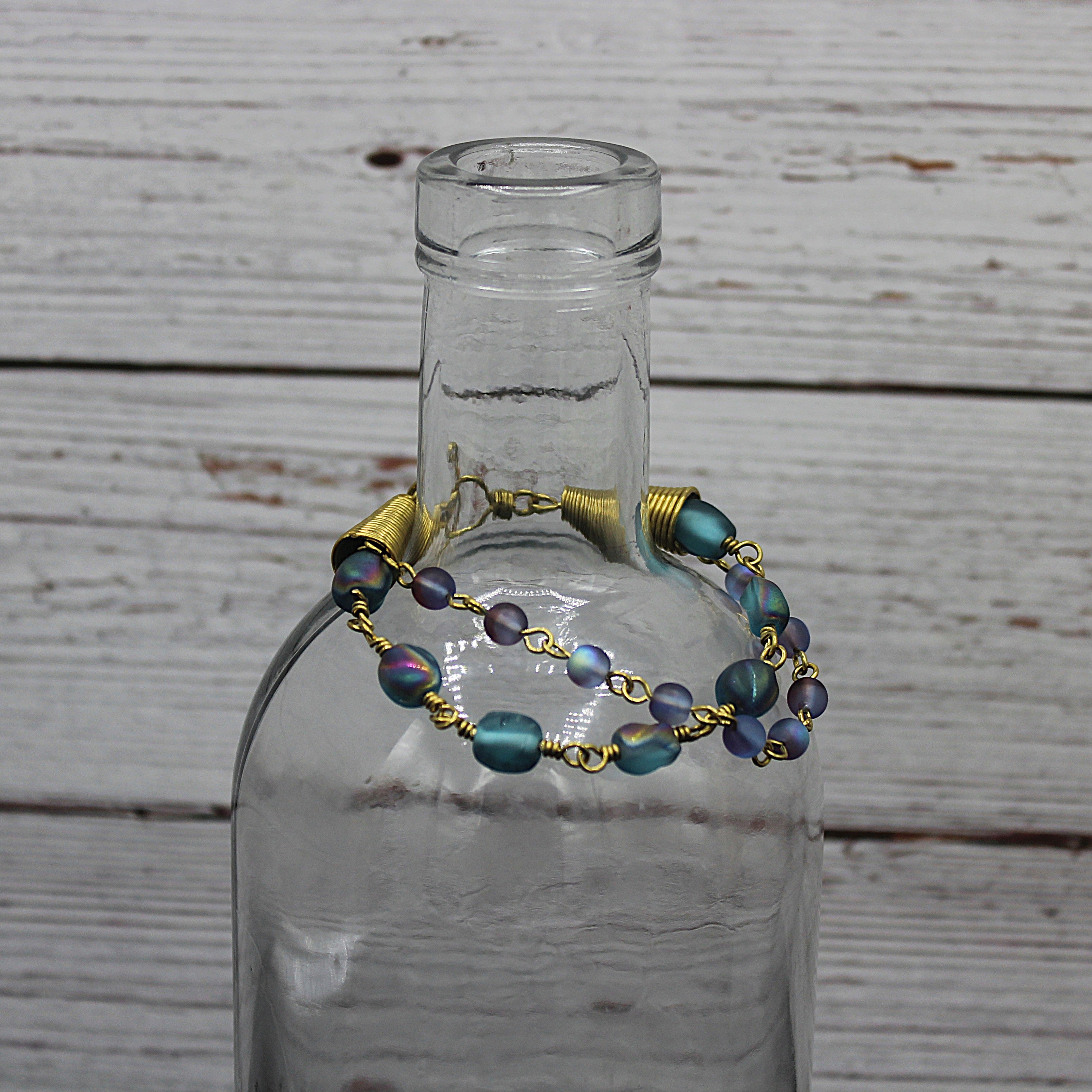 Handcrafted Brass Wire Glass Bead Bracelet with End Cones, 6.5"