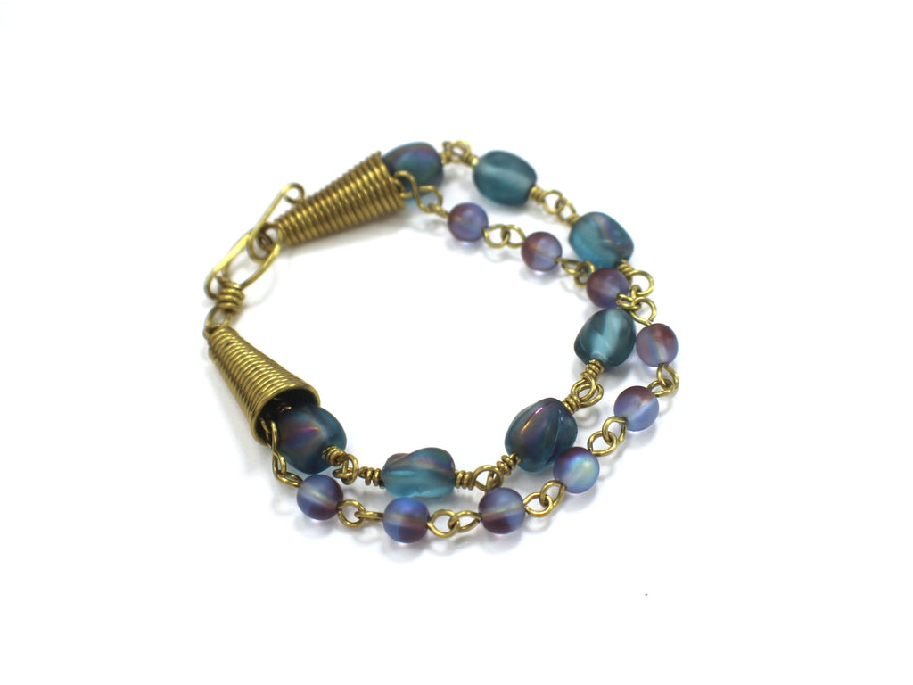 Handcrafted Brass Wire Glass Bead Bracelet with End Cones, 6.5"
