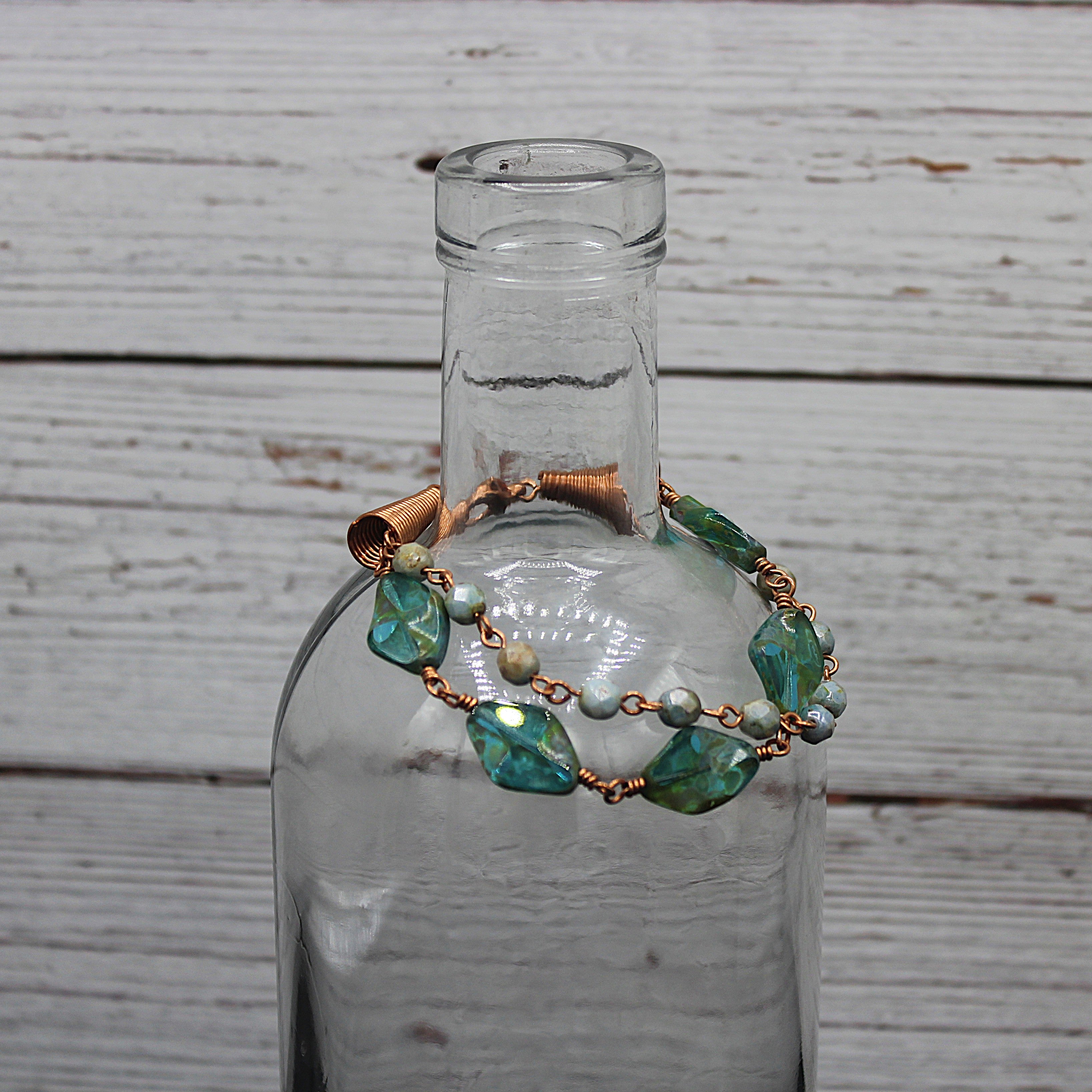 Handcrafted Copper Wire Glass Bead Bracelet with Lobster Clasp, 7.25"